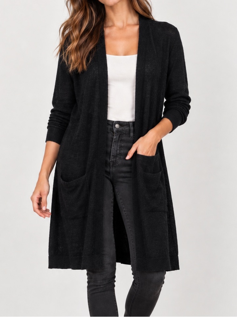 Halogen Linen Longline Duster Cardigan Sweater Thin Knit Lightweight Black Small